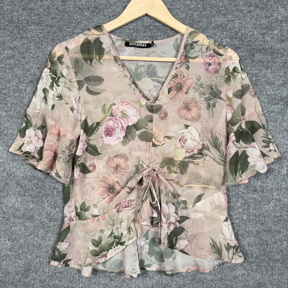 Sassafras Small Peplum Blouse Sage Green Peach Floral‎ Sheer Bell Sleeve Forest